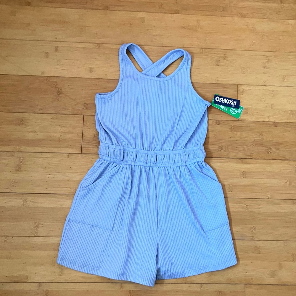 NWT Girls Size 14 OshKosh B'gosh Light Blue Ribbed Crossback Romper Outfit Set